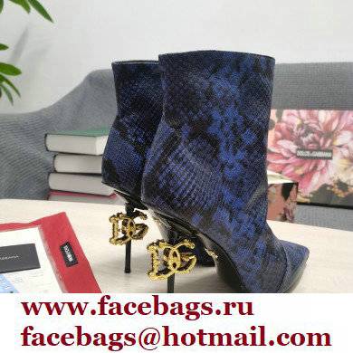 Dolce  &  Gabbana Thin Heel 10.5cm Leather Ankle Boots Snake Print Blue with Baroque DG Heel 2021